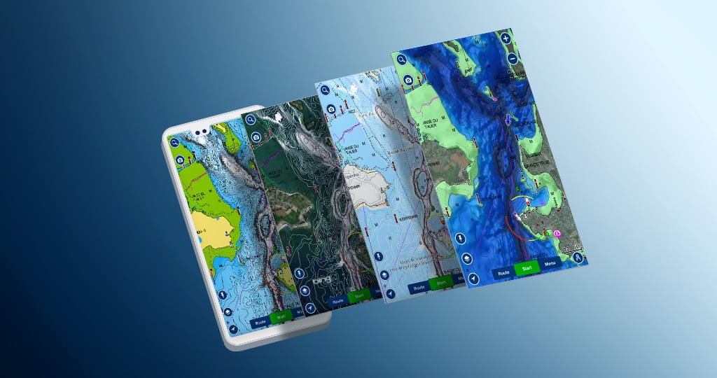 Sombreado SonarChart y más combinaciones de capas cartográficas y superposiciones en la app Boating de Navionics